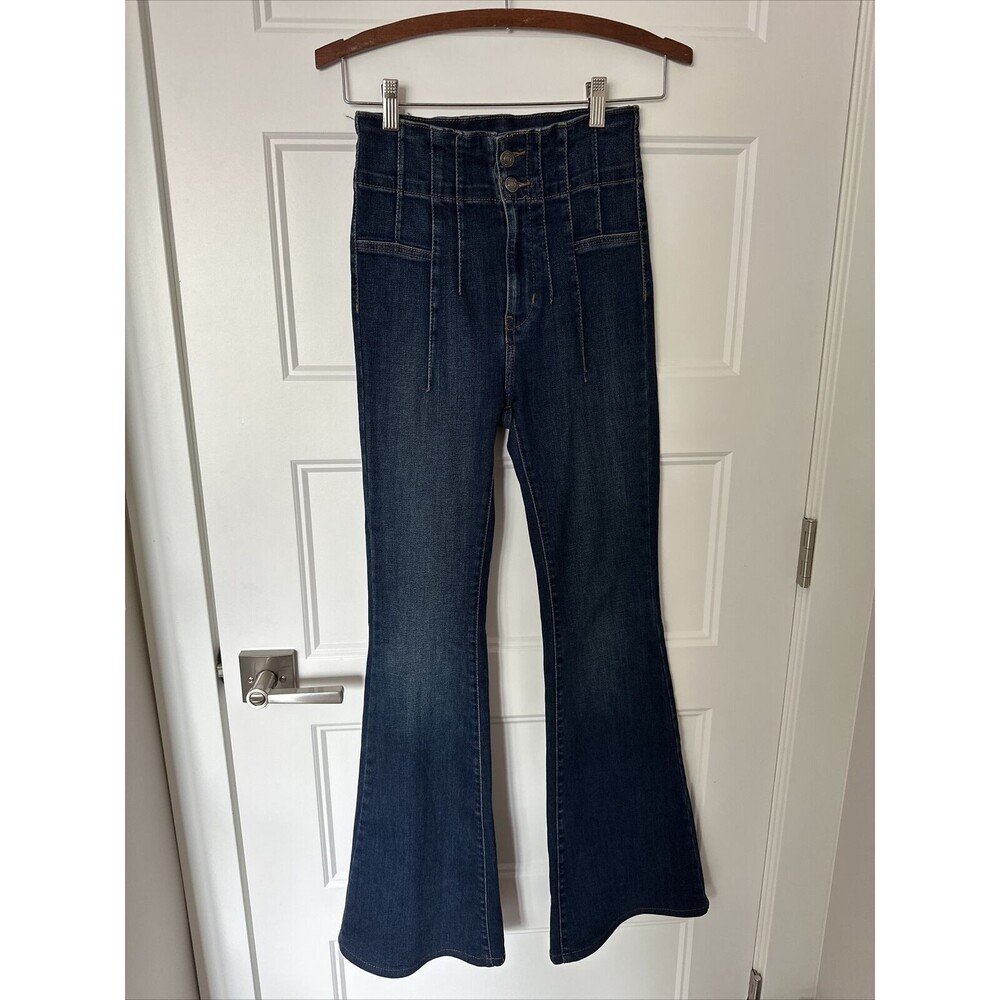 We The Free Size 26 High Rise Flare Leg Dark Blue Denim Jeans Two Button Zipper